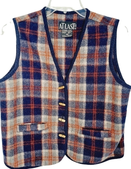 Vintage Wool Vest Plaid Wooden Buttons Medium Large ? Navy Gray Cottagecore EUC - Picture 1 of 10